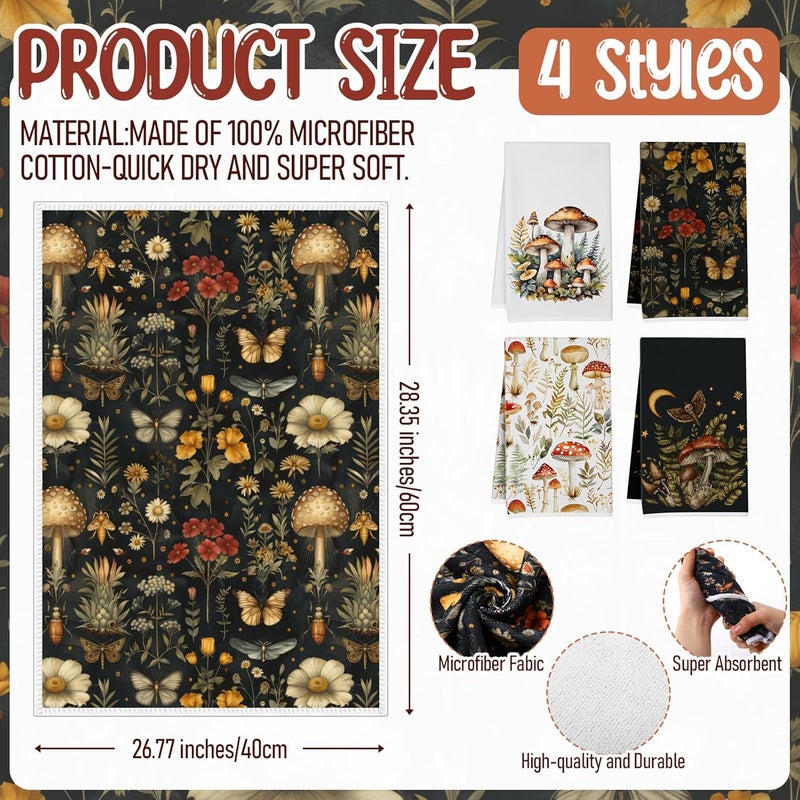 Mysora 10 Pcs Mushrooms Kitchen Gift 4 Dish Towels Tea Towels 2 Oven Mitts 2 Pot Holders Gothic 2 Mats Kitchen Accessories for Cooking Baking - Image 2